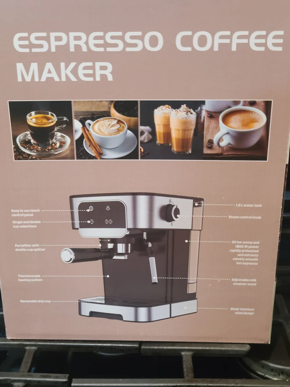 Compact Black Espresso Machine with Steam Wand and Stainless Accents